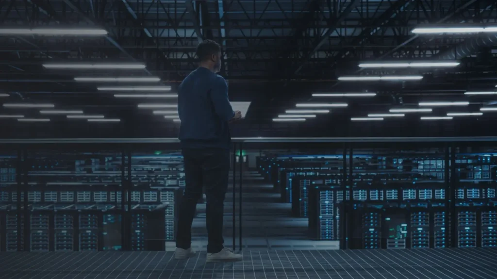 Network equipment, including servers and switches, in a raised floor server room.