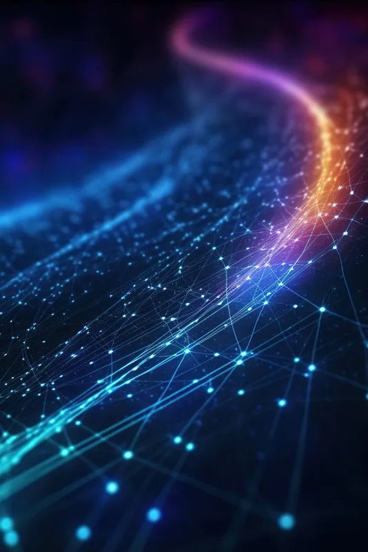 A digital representation of data flowing through a futuristic network, with glowing blue and orange lines connected by bright nodes, symbolizing advanced communication or internet technology.