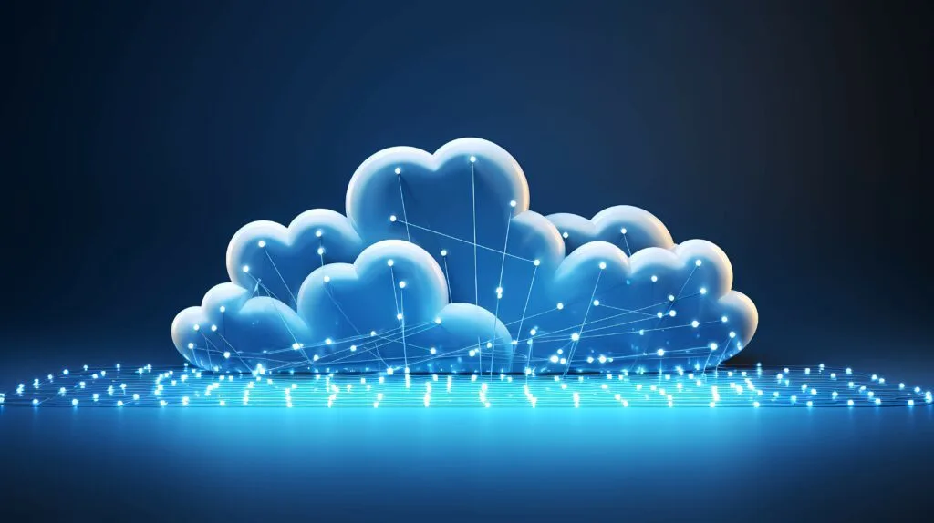 Illustration of cloud shapes interconnected by glowing nodes and lines, symbolizing cloud computing or networking, with a dark background emphasizing the luminous connections.