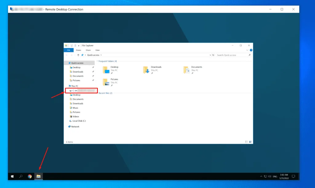 Sužinokite kaip perkelti failus iš Windows įrenginio į serverį naudodami nuotolinę prieigą ir disko bendrinimo nustatymus.