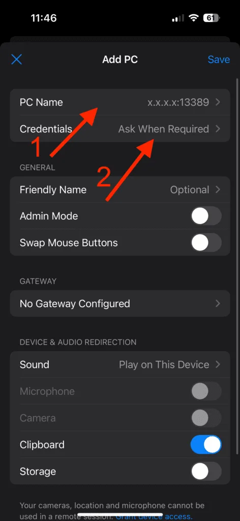 Automatiškai aktyvavus serverį, sužinokite, kaip prisijungti prie jo iš iOS naudojant 'Windows App'. Įveskite gautą IP adresą ir prisijungimo duomenis.