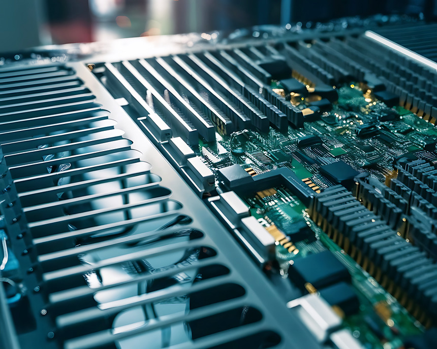 The image shows a close-up view of a server's internal hardware, highlighting multiple processors and heat sinks aligned on a motherboard. The intricate design features detailed circuit paths and cooling fins, suggesting powerful computing capabilities, such as those found in high-performance servers or data centers. The lighting and focus emphasize the complexity and precision of the electronic components.