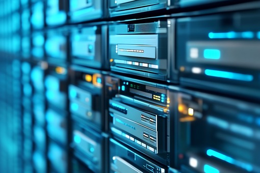 The image shows a close-up view of server racks in a data center. The servers are housed in metallic enclosures with blue lighting, giving a high-tech and modern appearance. The focus is on the front panels, where network and storage equipment is located, possibly with LED indicators and ventilation slots. The overall atmosphere suggests a clean, efficient, and organized technology environment.