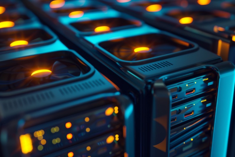 Rows of high-tech servers emitting warm orange glows and cool blue lights, highlighting advanced technology in an organized layout within a data center.