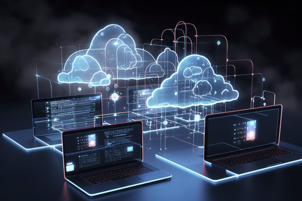 Digital illustration of multiple laptops on a dark table with holographic cloud icons and interconnected data streams, representing cloud computing and data sharing.