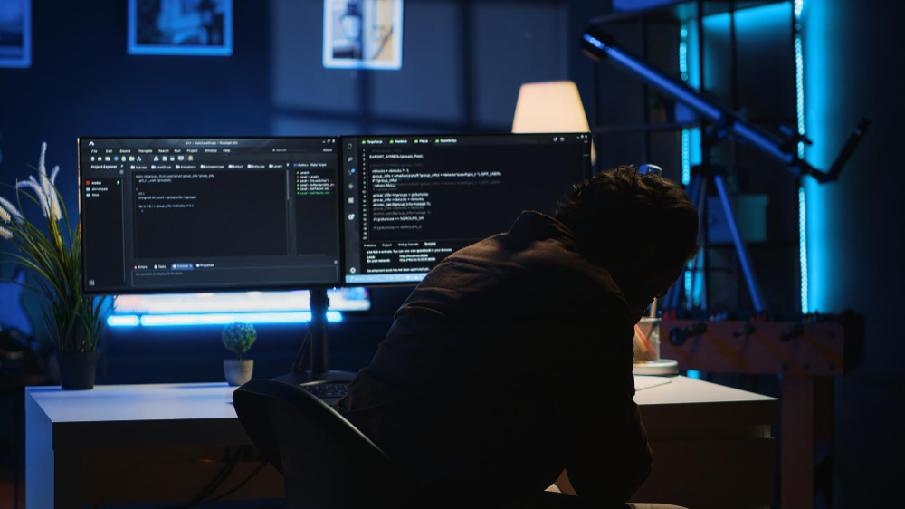 A person sitting at a desk with two monitors displaying code in a dimly lit room. Theres a telescope by the window, blue ambient lighting, and a small plant on the desk.