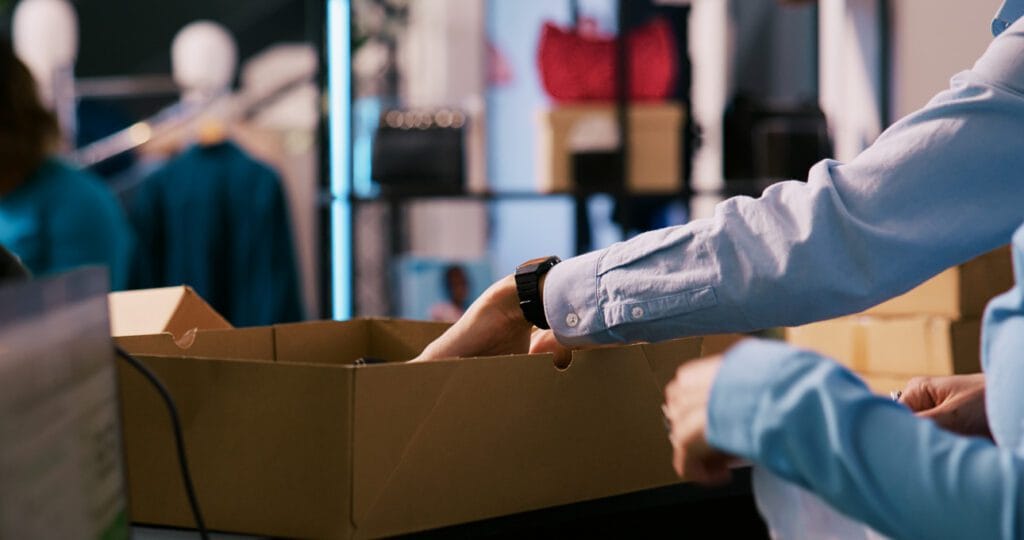 Person in a blue shirt reaching into a cardboard box in a retail store, with shelves of bags and clothing blurred in the background.
